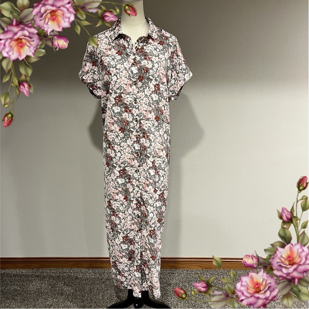 Floral short‎ sleeve a-line loose fit button down dress